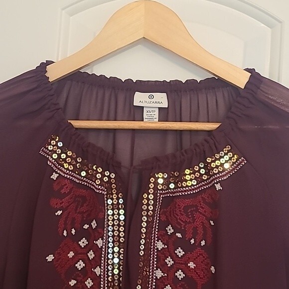 ALTUZARRA SHEER PEASANT Sheer BLOUSE EMBROIDERED RUBY RED HILL SIZE XS - Picture 4 of 13